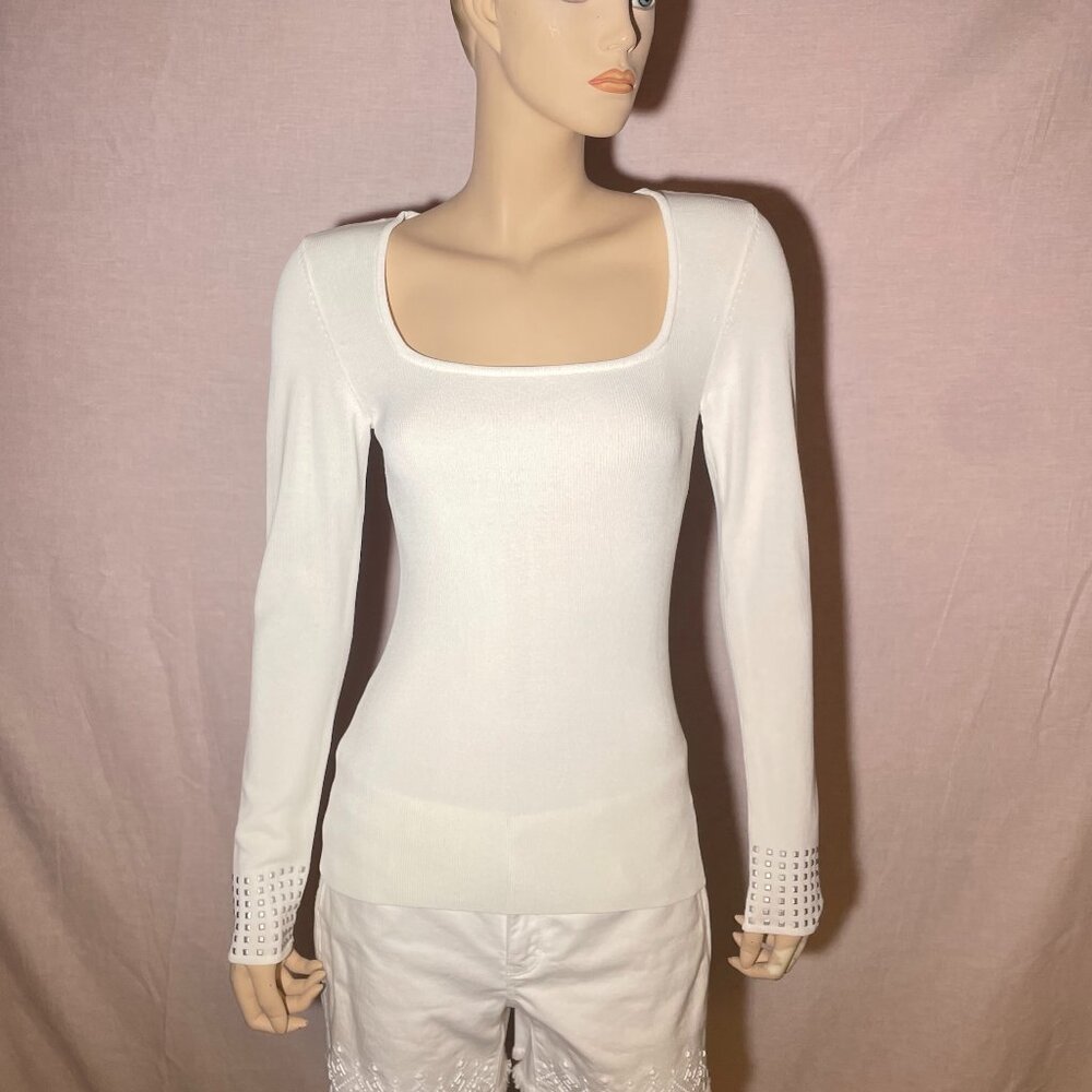 White House Black Market Womens White Knitted Stud-Cuffs Blouse Top Size XS